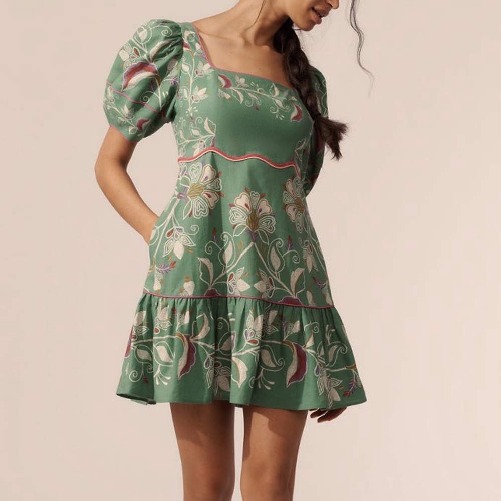 New FARM Rio x Anthropologie Puff Sleeve Linen Blend Mini Dress